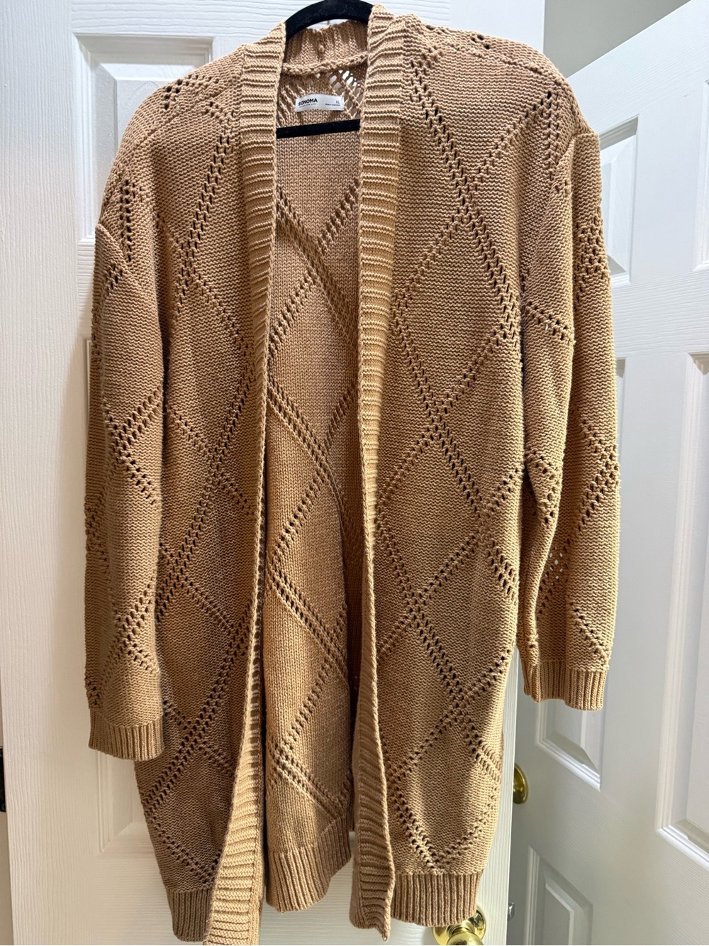 Sonoma Open-Front Diamond Knit Cardigan Sweater - Camel